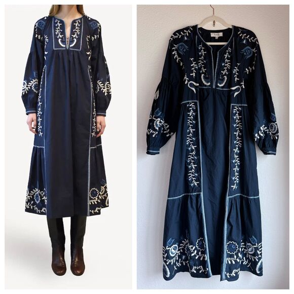EUC Sea New York Inga Embroidered Boho Long Sleeve Maxi Dress in Navy Size Large - Picture 1 of 16